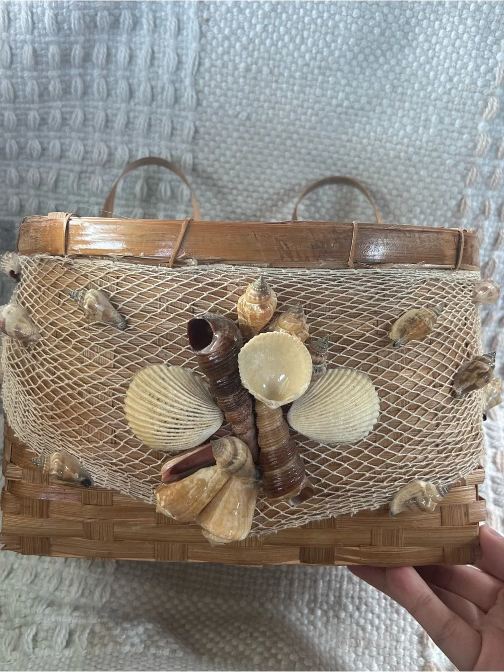 Handcrafted Seashell Accent Woven Straw Basket - Tan